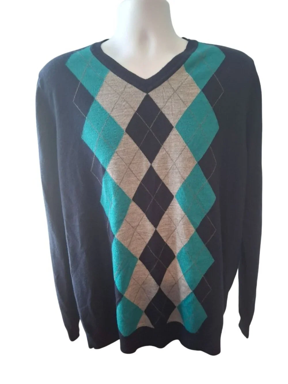 Apt. 9 XLT Argyle V-Neck Sweater Navy Teal Classic Business Casual Golf Preppy